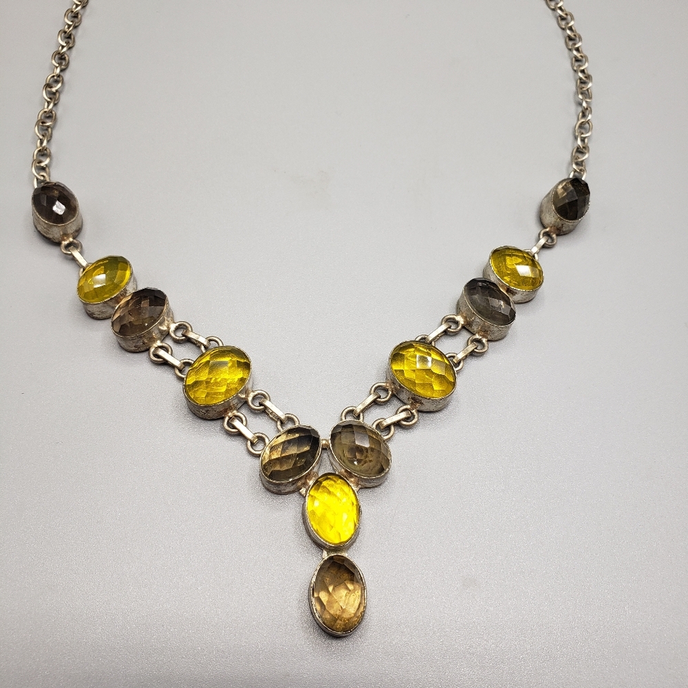 Yellow & Smoky Brown Glass Jewels Handcrafted on a Silver Chain